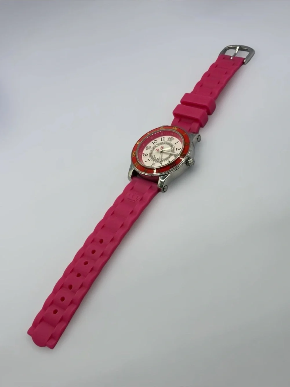 Juicy Couture Pink Silicone Strap Crystal Heart Crown Analog Watch